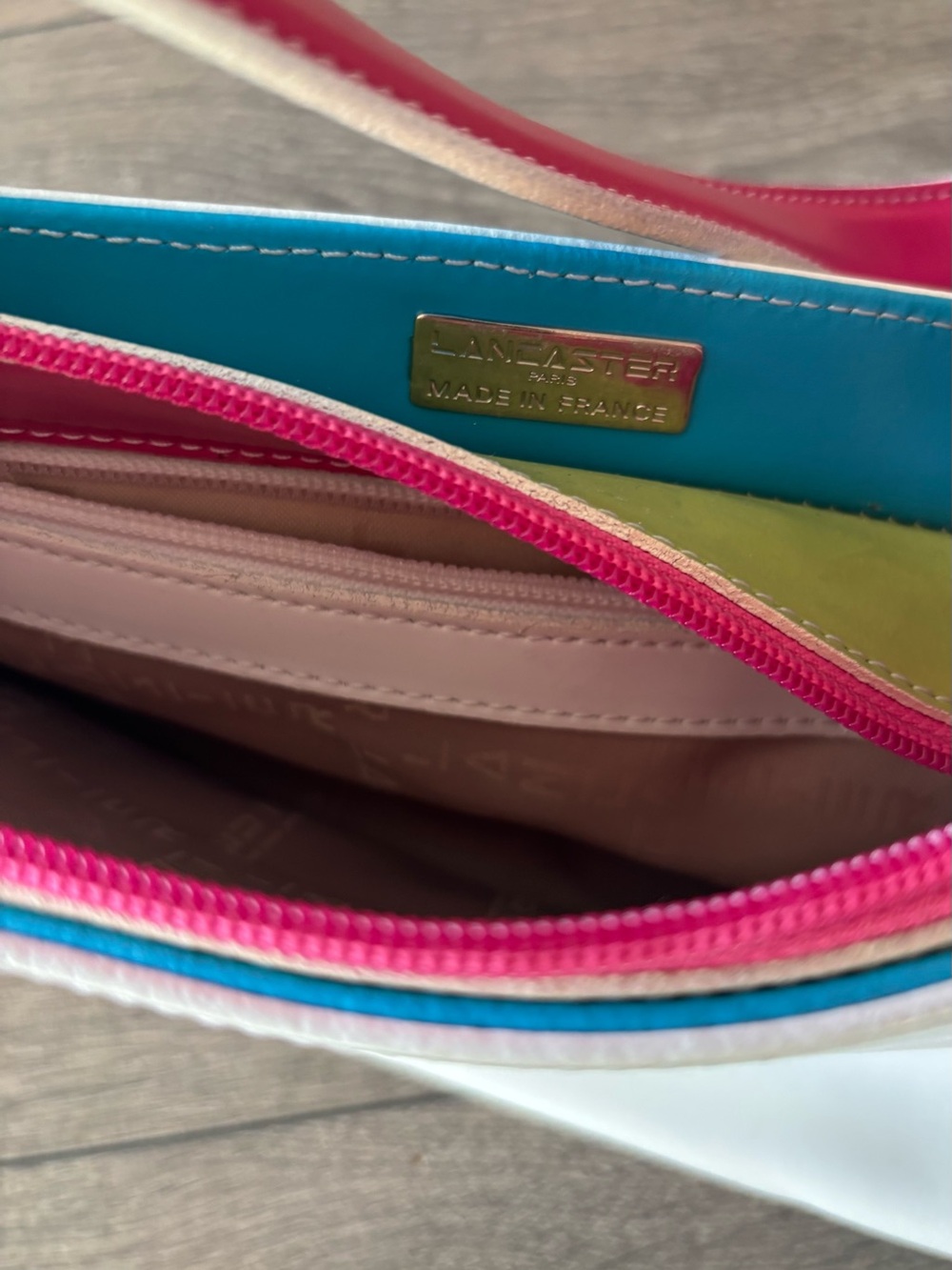 VTG Y2K Leather Shoulder Bag Lancaster Paris Made in France Colorblock Cutout - Picture 8 of 8